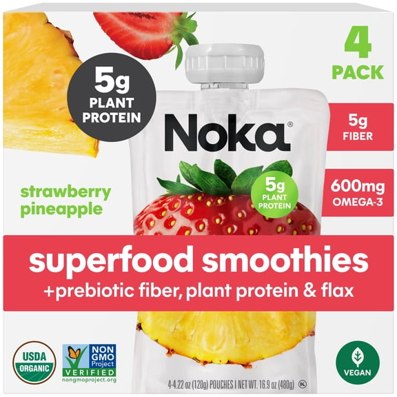 Noka Organic Superfood Smoothie Pouch, Plant Protein, Strawberry Pineapple, 4.22oz, 4 Pack
