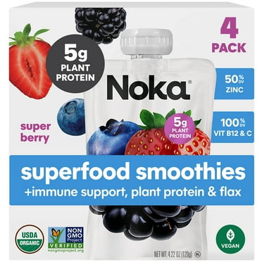 Noka Organic Super Berry Superfood Smoothie Pouches with Plant Protein, 4.22oz, 4-Pack