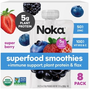 Noka Organic Superfood Smoothie Pouches, Plant Protein, Super Berry, 4.22oz, 8 Pack