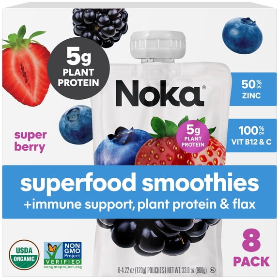 Noka Organic Superfood Smoothie Pouches, Plant Protein, Super Berry, 4.22oz, 8 Pack