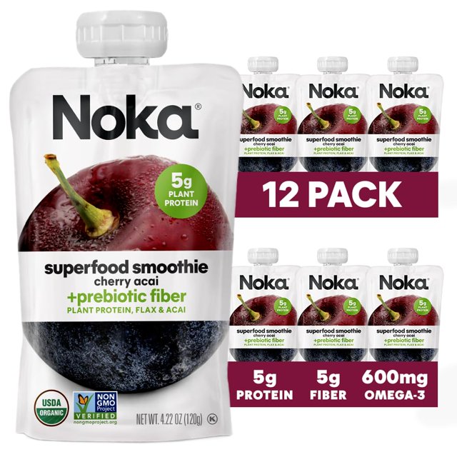 Noka Superfood Fruit Smoothie Pouches, Cherry Acai, Healthy Snacks with