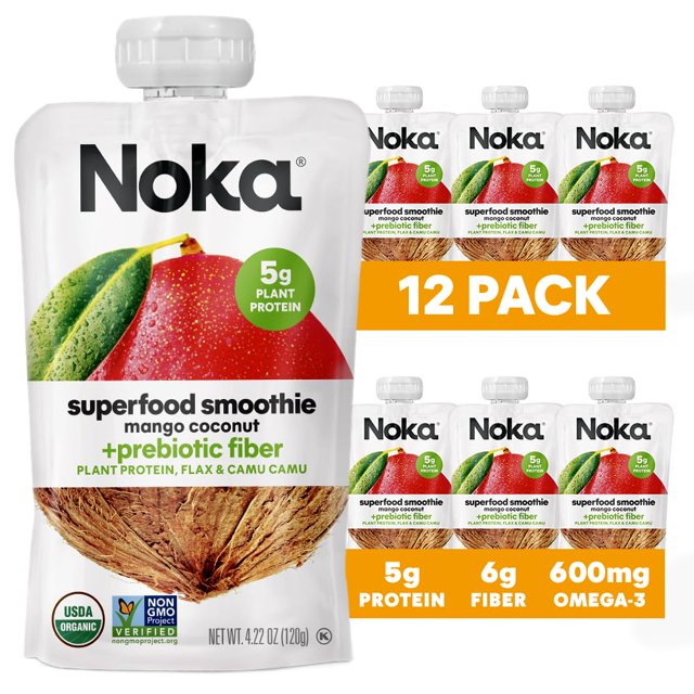 Noka Superfood Fruit Smoothie Pouches, Mango Coconut, Healthy Snacks