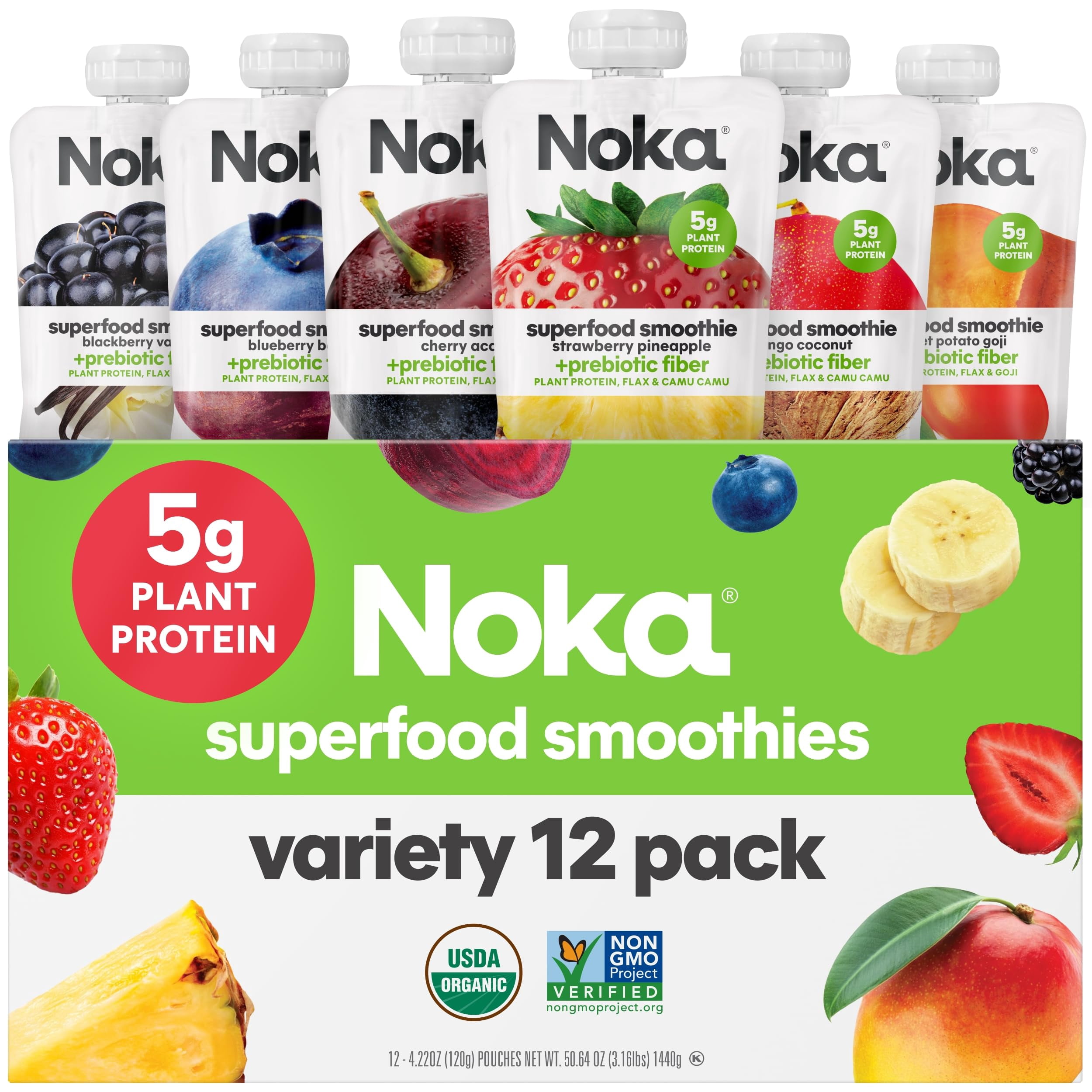 Noka Superfood Fruit Smoothie Pouches Variety Pack, Healthy Snacks