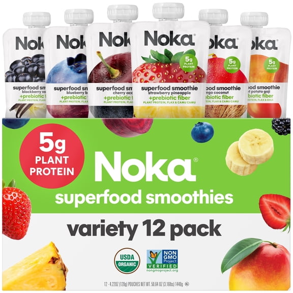 Noka Superfood Fruit Smoothie Pouches Variety Pack, Healthy Snacks with Flax Seed, Plant Protein and Prebiotic Fiber, Vegan and Gluten Free Snacks, Made in USA, Organic Squeeze Pouch, 4.22 oz, 12 Cou
