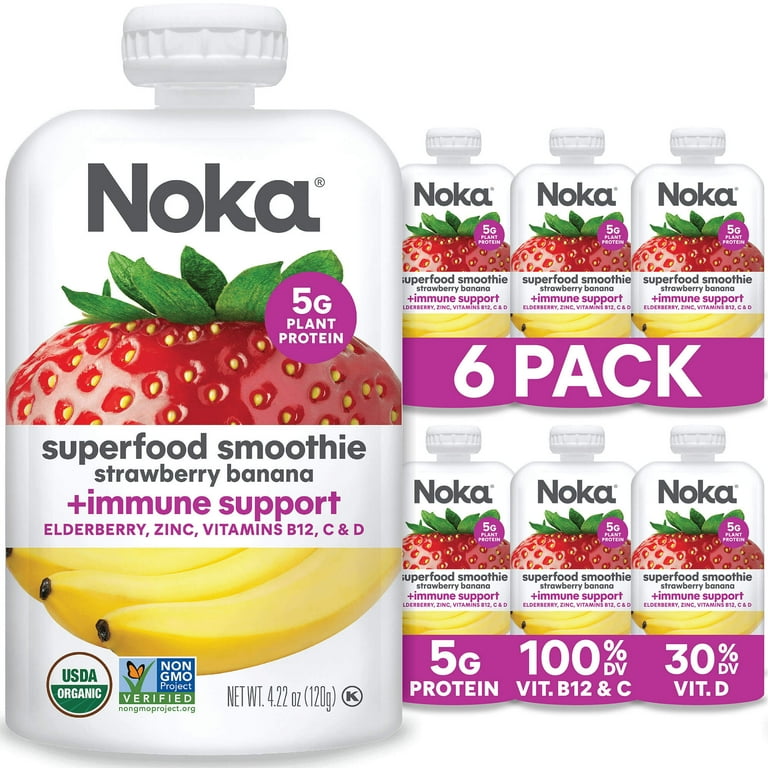 Noka Superfood Smoothie Strawberry Banana + Immune Support, 6 Pack