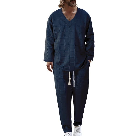 Nokdvo 2 Piece Mens Outfit Fashion 2025 V Neck Baggy Jacquard Pullover Fall Winter Drawstring Solid Color Long Sleeve Casual Sports Set with Pockets,Navy 3XL