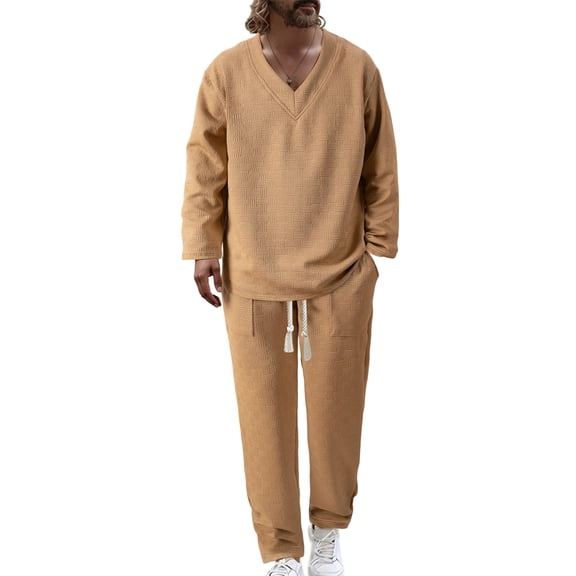 Nokdvo 2 Piece Set for Men Lightweight V Neck Baggy Jacquard Pullover Fall Winter Drawstring Solid Color Casual Long Sleeve Sweat Suit Sets with Pockets,Khaki L