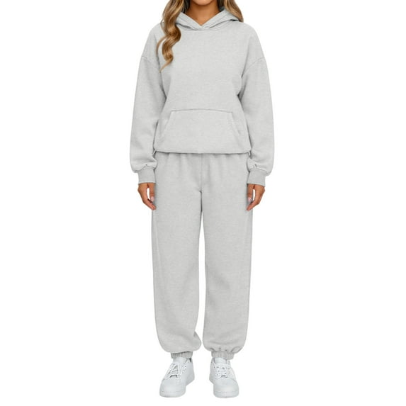 Nokdvo 2 Set Outfits for Women Plus Size Long Sleeve Casual Hoodie Sweatsuit Ribbed Tracksuit with Pockets,Light Gray 2XL