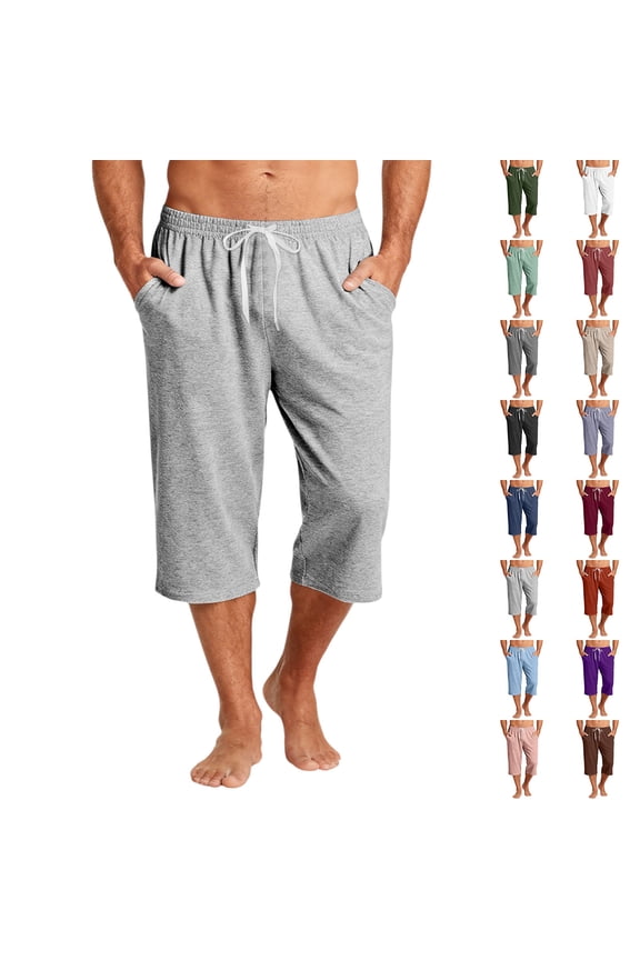 3/4 Capri Pants for Mens Drawstring Elastic Waist Shorts Pockets Below Knee Trousers Wide Leg Stretch Breathable Loose Fit Athletic Casual Capri Sweatpants,Gray XL