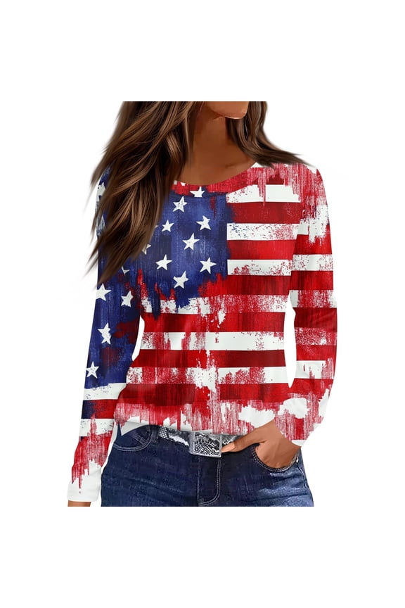 4th Of July Shirts Women American Flag Shirt Long Sleeve Patriotic Top USA Independence Day Outfits Plus Size Star Stripes Outfit Black XL