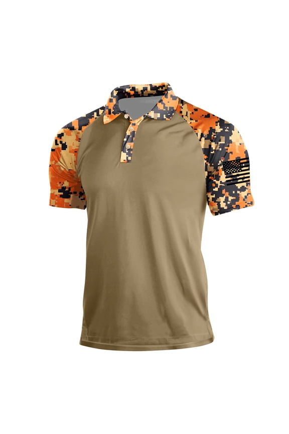 American Flag Camo Polo Shirts for Men Short Sleeve Button Up Shirts Camouflage Printed Stretch Golf Polos T-Shirts Raglan Lightweight Military Quick Dry Outdoor Tops,Coffee M