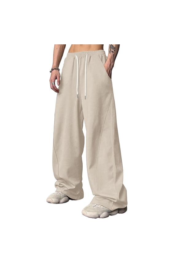 Baggy Sweats Men Lightweight Drawstring Elastic Waist Wide Leg Sweatpants Fall Winter Baggy Casual Long Pants with Pocket,Beige L