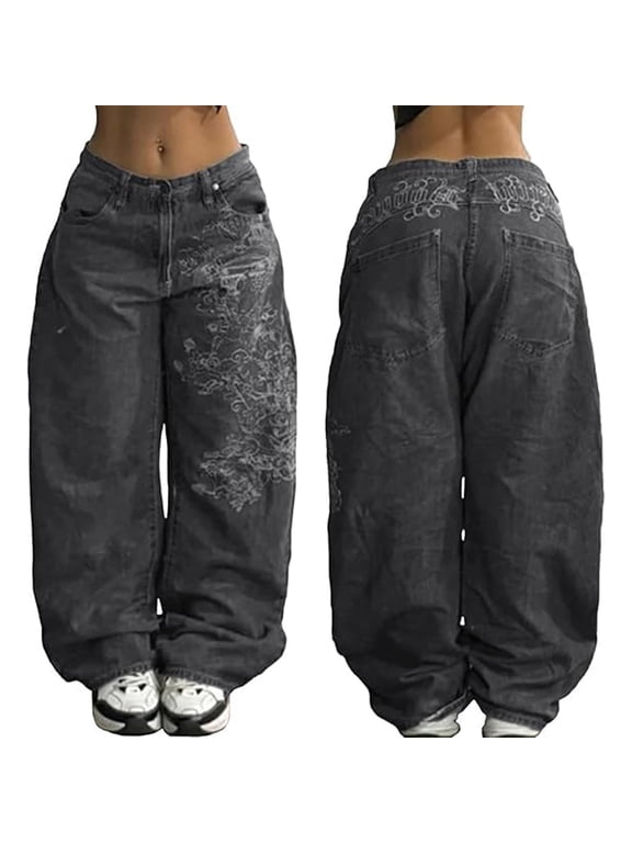 Baggy Y2k Sweatpant Jeans for Women Wide Leg High Waist Denim Pants with Skeleton Print Embroidered Clothes with Pockets Loose Fit Hip Hop Y2k Baggy Gothic Streetwear Outfits,Black S