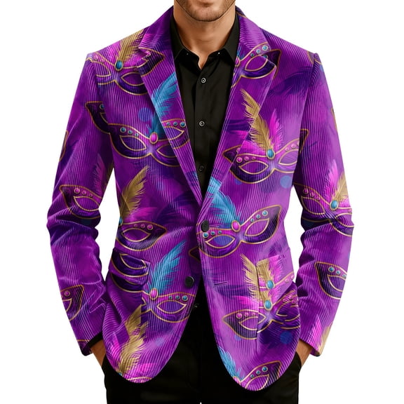 Nokdvo Blazer for Men Mardi Gras Corduroy Jacket Notch Lapel Fancy Carnival Mask Printed Suit Jackets Long Sleeve Slim Fit Carnival Lightweight Casual Colthes,Mint Green 3XL