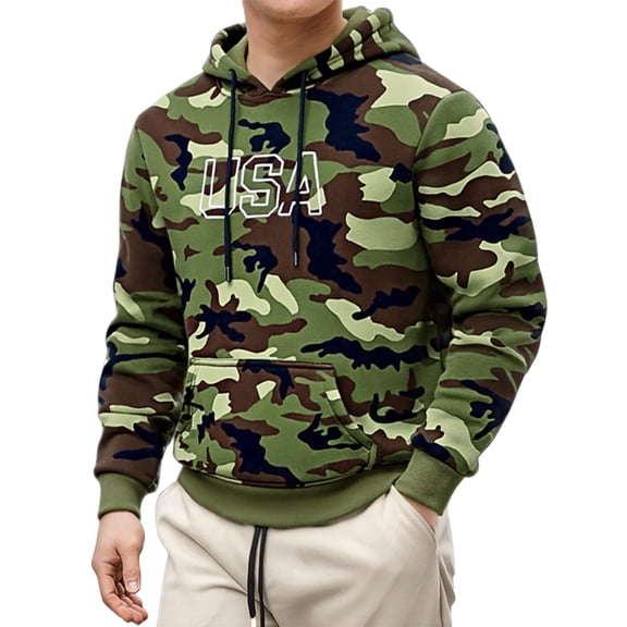 Nokdvo Camo Hoodie Sweatshirt for Men Usa Flag Long Sleeve Sweatshirts Camouflage Drawstring Hooded Sweatshirt with Pockets Casual Gym Western Cowboy Graphic Camo Hooded Shirt,Deep Green L