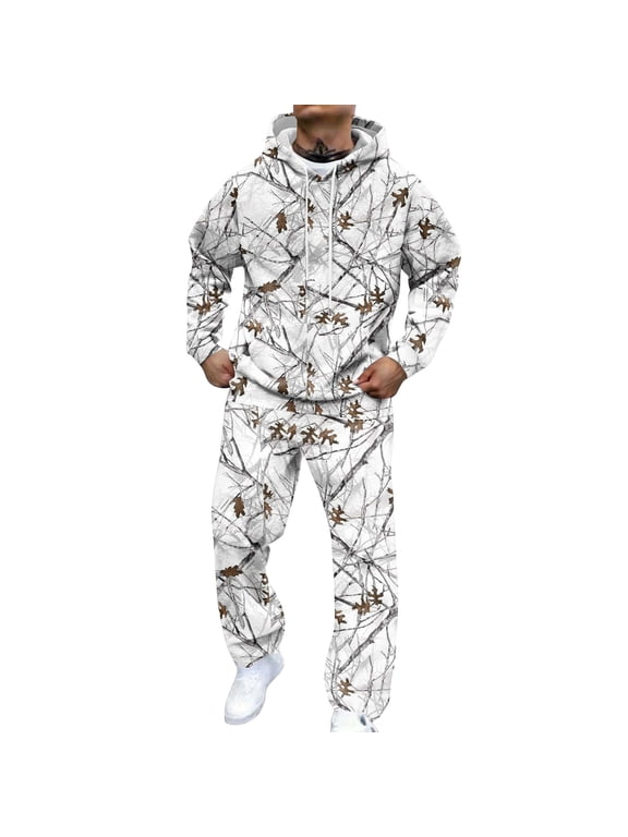 Camo Tracksuit for Men Maple Leaf Camouflage Hoodies and Sweatpant Set with Kangaroo Pockets Long Sleeve Sets Outfits Oversized Fashion Jogging Lounge Hooded Jogger Pants,White M