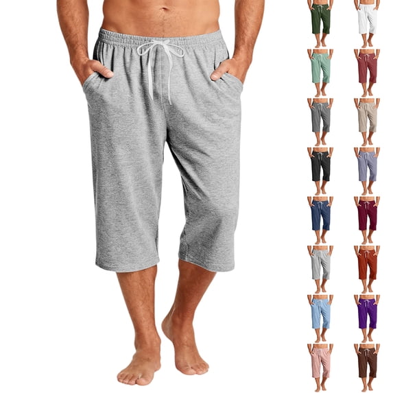 Nokdvo Capris for Men Drawstring Elastic Waist Capris with Pockets Below Knee Sweatpants Wide Leg Stretch Comfy Lounge Lightweight Athletic Summer Cropped Pants,Dark Purple M