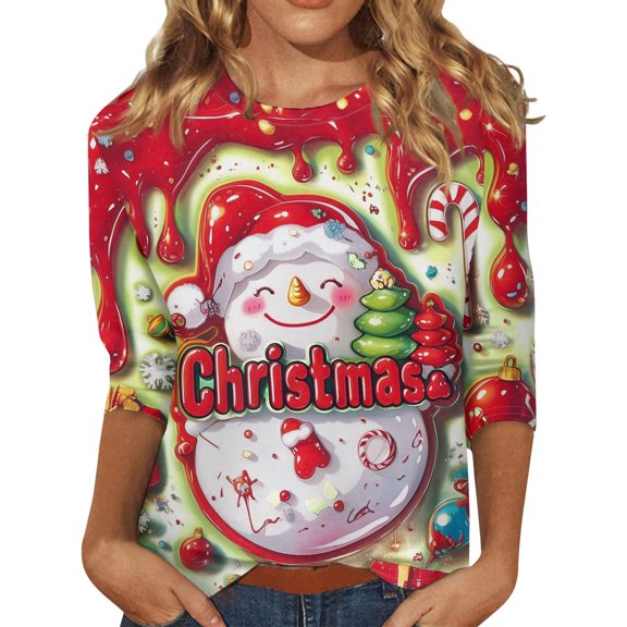Nokdvo Christmas Shirts for Women Lightweight Xmas Crewneck 3/4 Length Sleeve T-Shirts Casual Loose Fit Xmas Holiday Tops,Watermelon Red M