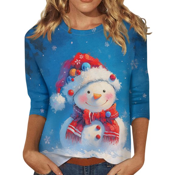 Nokdvo Christmas Tops for Women Sherpa Christmas Graphic Crew Neck 3/4 Length Sleeve T-Shirts Casual Loose Christmas Holiday Tops,Blue S