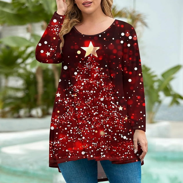 Nokdvo Christmas Womens Plus Size Tops Trendy Round Neck Shirt Xmas ...