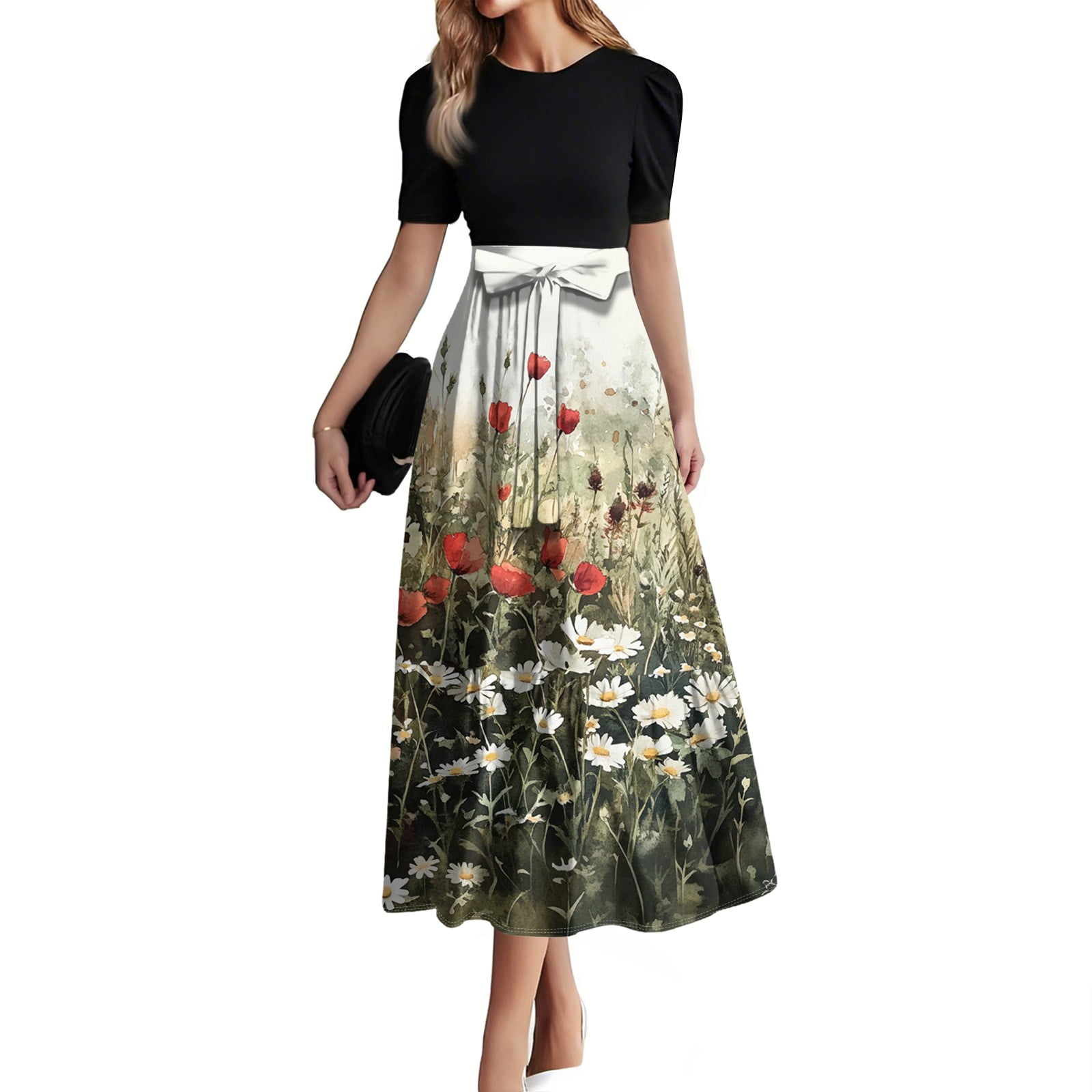 Women's Church Dress - Ruffle Split Maxi Dress With Tab Collar, Polyester Fabric