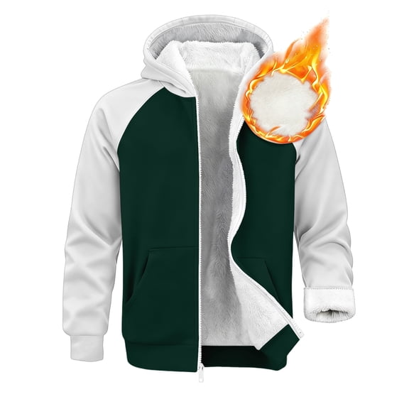 Nokdvo Comfortable Hoodies for Men Sherpa Fleece Full Zip Coat Long Sleeve Color Block Warm Thick with Pockets Jacket,Green S