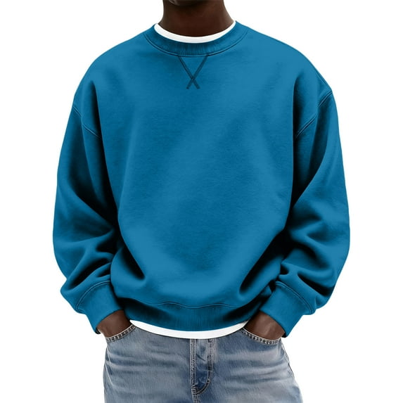 Nokdvo Crewneck Sweatshirts for Men Long Sleeve Solid Color Sweatshirt Crewneck New X Decoration Pullover Shirts Casual Basic Thermal Relaxed Fit Clothing,Blue XL