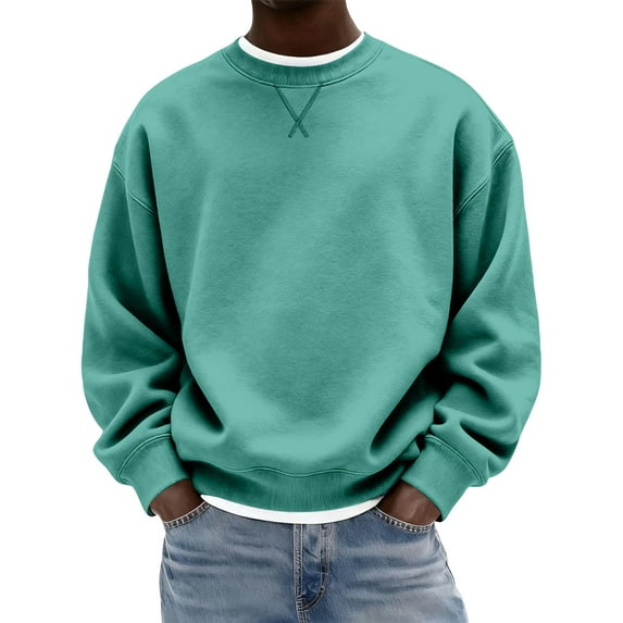 Nokdvo Crewneck Sweatshirts for Men Long Sleeve Solid Color Sweatshirt Crewneck New X Decoration Pullovers Regular Fit Solid Thermal Winter Warm Pullover Tops,Turquoise 2XL