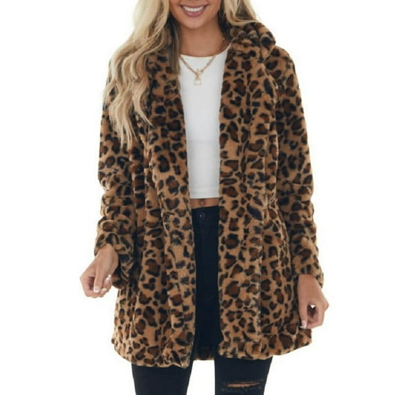 Nokdvo Faux Fur Coats for Women Autumn Winter Leopard Cardigan Elegant Warm Fuzzy Fleece Jacket Open Front Lapel Collar Outerwear Coats Brown M