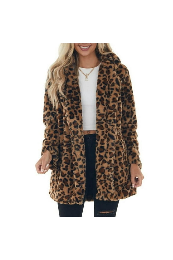 Faux Fur Jackets for Women Fall Winter Leopard Cardigan Elegant Warm Fuzzy Fleece Jackets Open Front Lapel Collar Outerwear Coat Brown S
