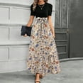 thumbnail image 1 of Nokdvo Floral Dress for Women Short Sleeve Teacher Dress Modest Maxi Dresses Floral Print Trendy Tie Waist Long Patchwork Ruffle Hem A Line Dress Plus Size Office Attire Khaki S, 1 of 4