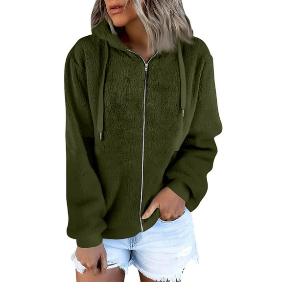 Nokdvo Fuzzy Fleece Jacket Women S-3xl Zip Hooded Cardigan Coats Solid Color Sherpa Lined Outerwear with Pockets,Green XL