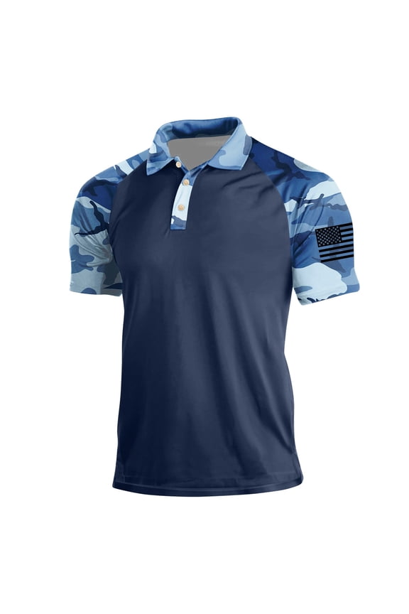 Golf Polos for Men American Flag Graphic Short Sleeve Shirt Button Up Camouflage Printed Golf Polos T-Shirts Stretch American Patriotic Athletic Moisture Wicking Top,Blue S