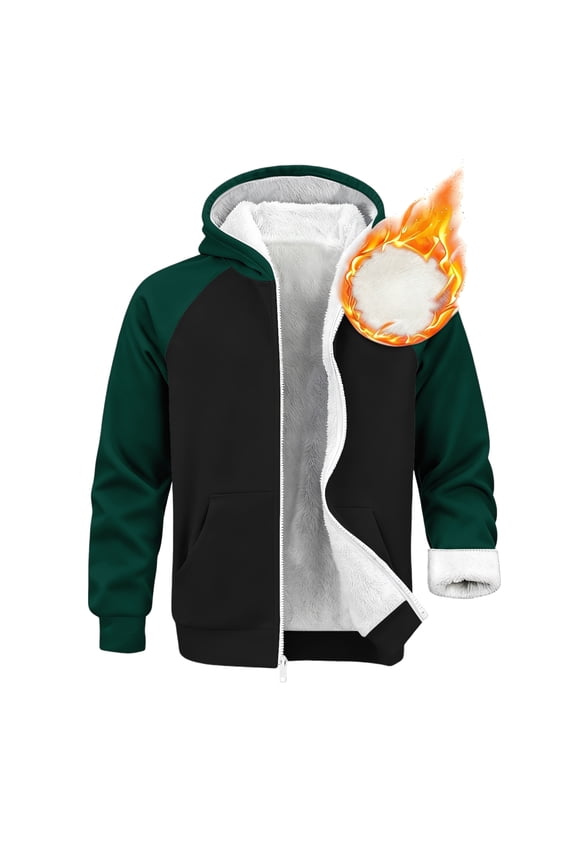 Hoodie Mens Trendy Fleece Full Zip Coat Long Sleeve Color Block Warm Thick with Pockets Jacket,Dark Green XL