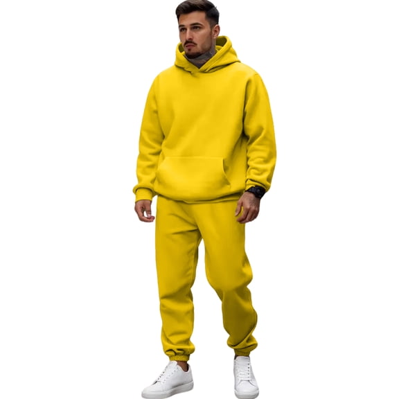 Nokdvo Hoodie Set for Men Long Sleeve Sweatsuit with Pockets Solid Color Hoodies and Sweatpants Athletic Training Lounge Fashion Sport Hooded Outfit,Yellow L