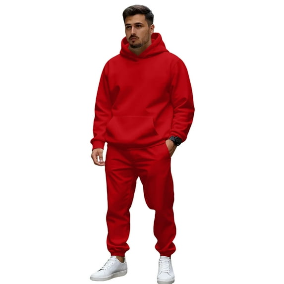 Nokdvo Hoodie Set for Men Long Sleeve Sweatsuit with Pockets Solid Color Hoodies Sweatsuit Sets Lounge Sports Jogging Fashion Casual Sportswear,Red L