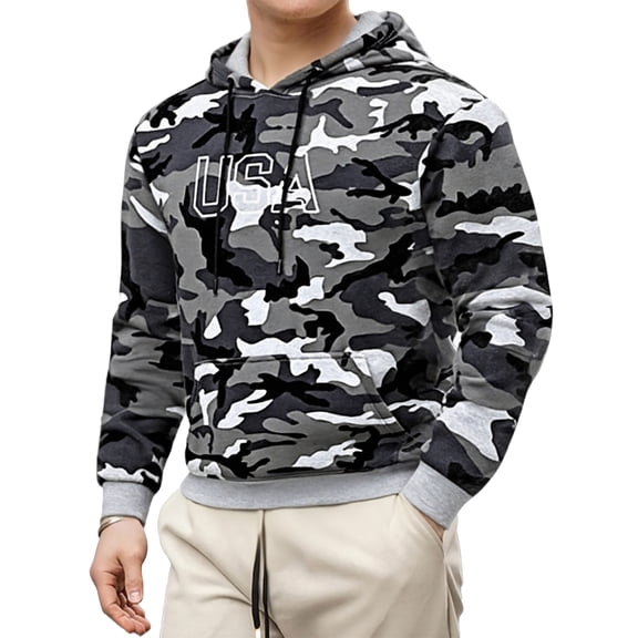 Nokdvo Hoodies for Men Camouflage American Flag Graphic Hoodie Long Sleeve Drawstring Hooded Sweatshirt with Pockets Casual Gym Western Cowboy Graphic Camo Hooded Shirt,Gray XL