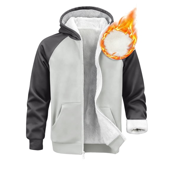 Nokdvo Hoodies Men Fashion 2025 Fleece Lined Zip Up Coat Long Sleeve Color Block Wool Warm with Pockets Jacket,Light Gray S