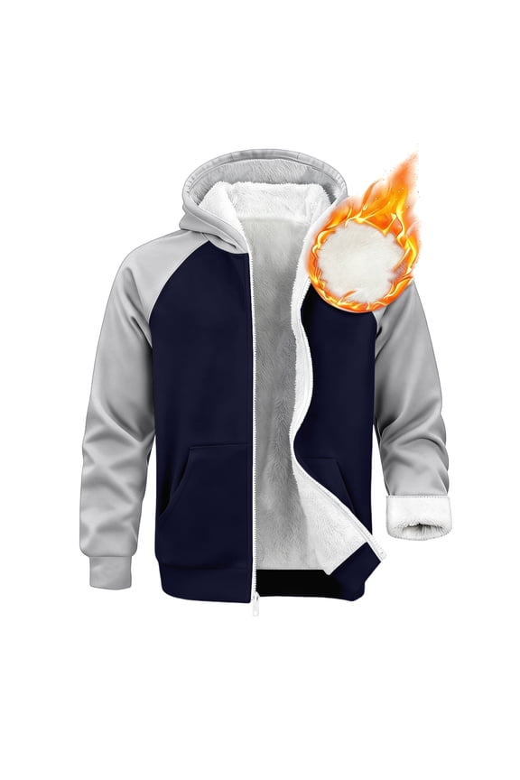 Hoodies Mens Sherpa Fleece Lined Full Zip Cardigan Coat Long Sleeve Color Block Warm Thick with Pockets Jacket,Dark Blue 2XL