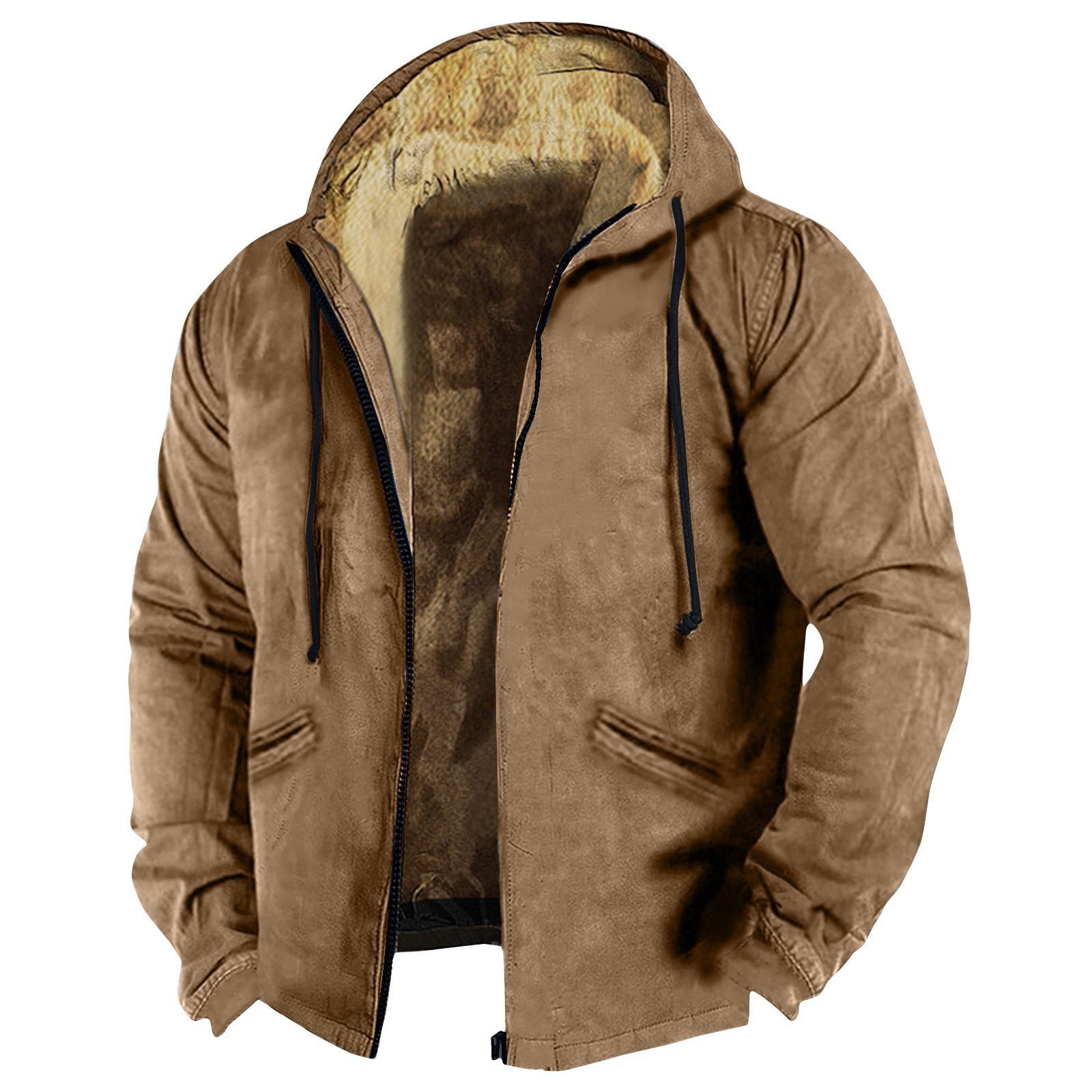 Nokdvo Jacket for Men Winter Sherpa Full Zip Hoodies Heavyweight Long Sleeve Fuzzy Jackets Fashion Hooded Drastring Coats with Pockets Brown 5XL