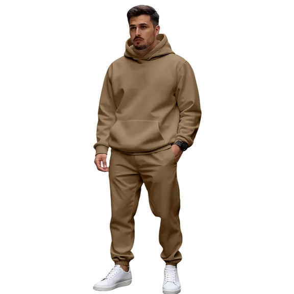 Nokdvo Jogging Suits 2 Piece Set for Men Long Sleeve Track Suits with Pockets Solid Color Hoodies and Sweatpants Two Piece Sets Running Training Fashion Lounge Outdoor Outfits,Camel M