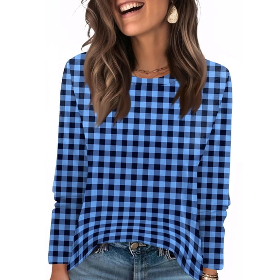 Nokdvo Ladies Sweatshirts Fashion 2025 Plaid Crew Neck Pullover Long Sleeve Casual Loose Fitting Basic Tees,Blue M