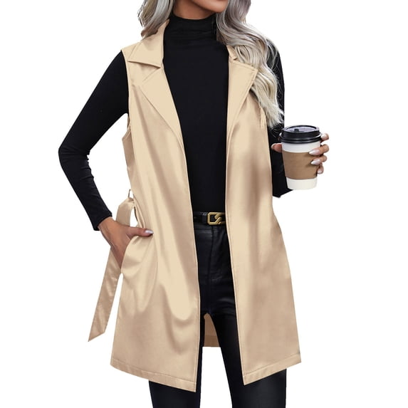 Nokdvo Leather Womens Jacket Plus Size Sleeveless Lapel Collar Vest Jacket Cardigan Slim Fit Jackets with Belt Pockets,Beige L