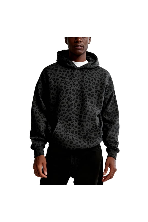 Leopard Print Hoodie for Men Long Sleeve Cheetah Hoodies with Pocket Drop Shoulder Pullover Tops Y2k 90s Vintage Graphic Funny Clothes,Dark Gray L