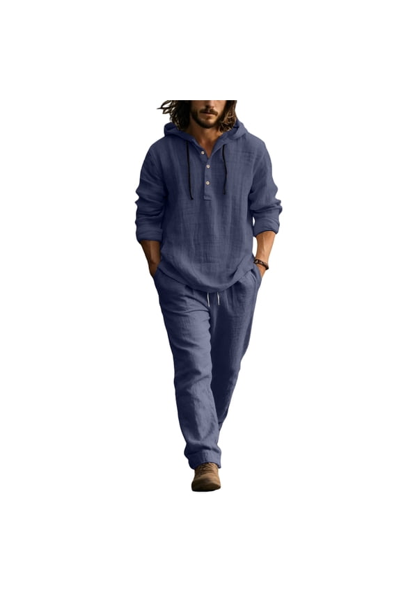 Linen Mens Outfit Sherpa Elastic Waist Drawstring Hoodie Suit Spring Summer Button Casual Henley Linen Set with Pocket,Navy 2XL