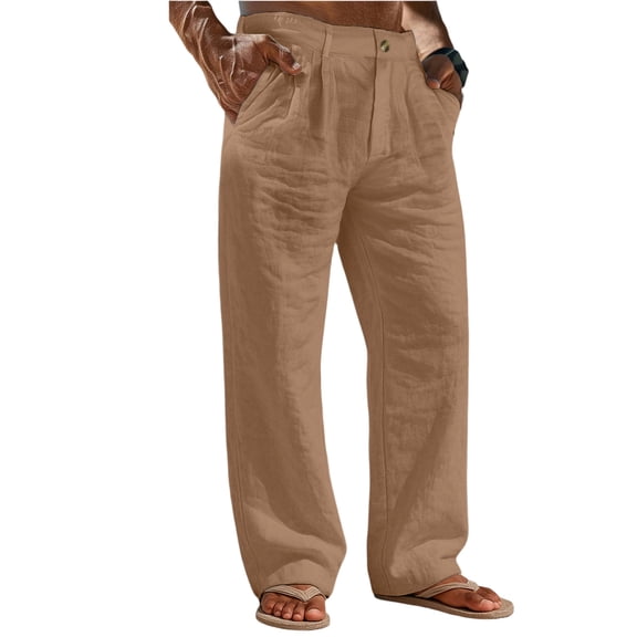 Nokdvo Linen Mens Pants Trendy Button Up Straight Leg Trousers Spring Summer Casual Relaxed Fit Sweatpants with Pockets,Brown S