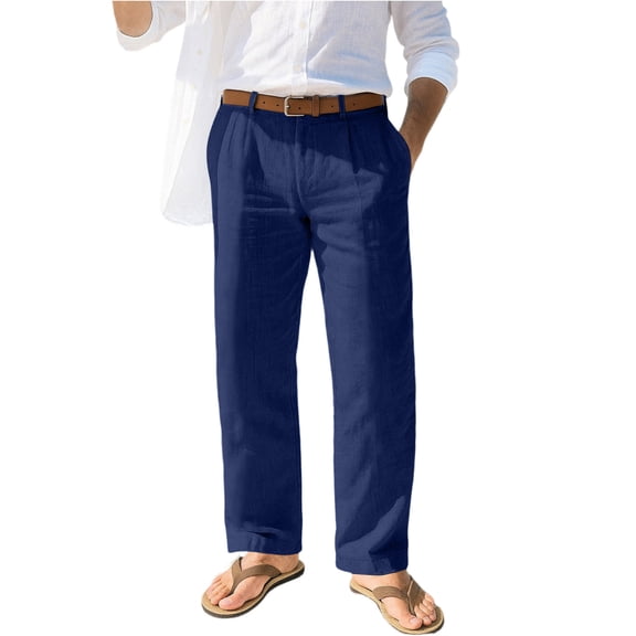 Nokdvo Linen Pants Men Fashion 2025 Button Straight Leg Trousers Spring Summer Casual Loose Fit Sweat Pants with Pockets,Navy XL