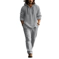 thumbnail image 1 of Nokdvo Linen Set for Men Fashion Elastic Waist Drawstring Hooded Sweatshirt Spring Summer Button Casual Henley Linen Set with Pocket,Gray XL, 1 of 4