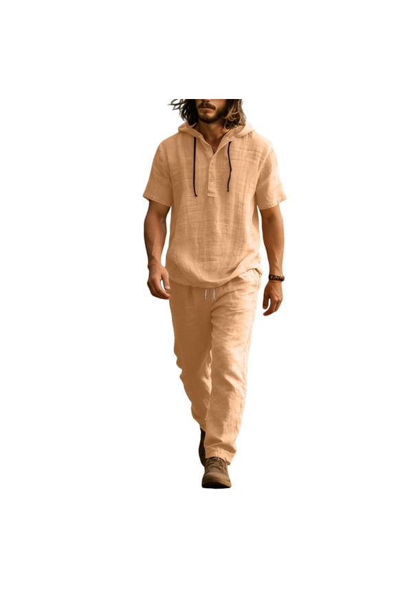 Linen Sets for Men 2 Piece Fashion Elastic Waist Drawstring Hoodie Suit Spring Summer Button Casual Henley Sports Set with Pocket,Earthy Yellow 3XL