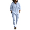 thumbnail image 1 of Nokdvo Linen Sets for Men 2 Piece Trendy Elastic Waist Drawstring Hooded Sweatshirt Spring Summer Button Casual Henley Sports Set with Pocket,Light Blue L, 1 of 4